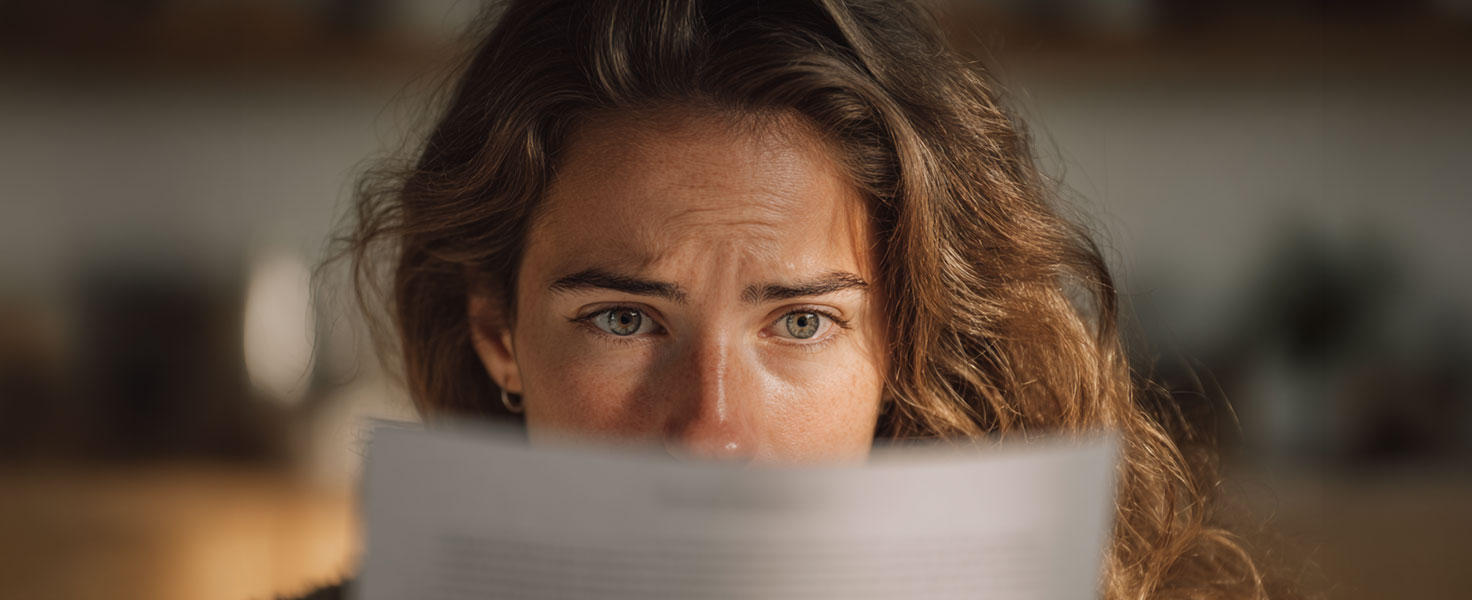 Homeowner reading an insurance claim rejection letter at a kitchen table after a denied or repudiated insurance claim