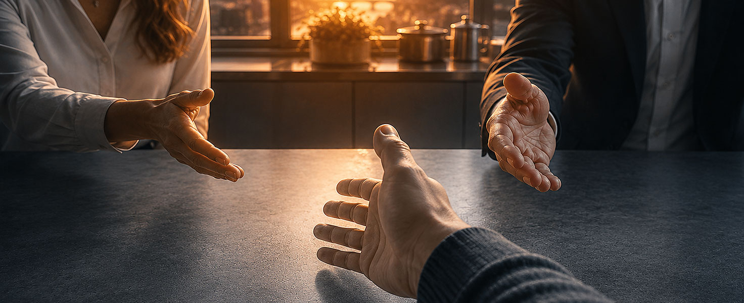 A loss adjuster reaching across a table toward a policyholder and loss assessor during an insurance claim discussion